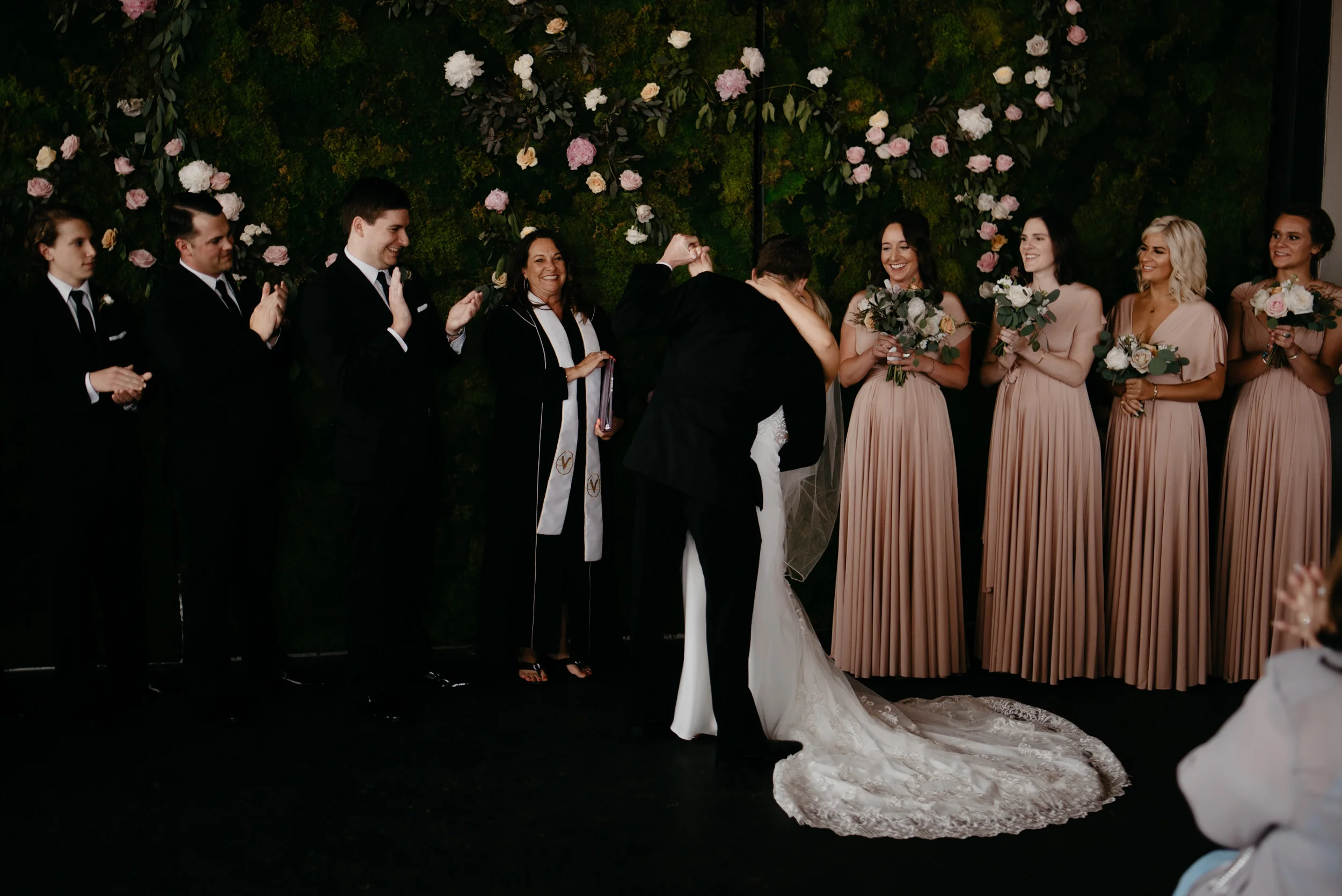  Moss Denver wedding first kiss. Colorado wedding photographer. 
