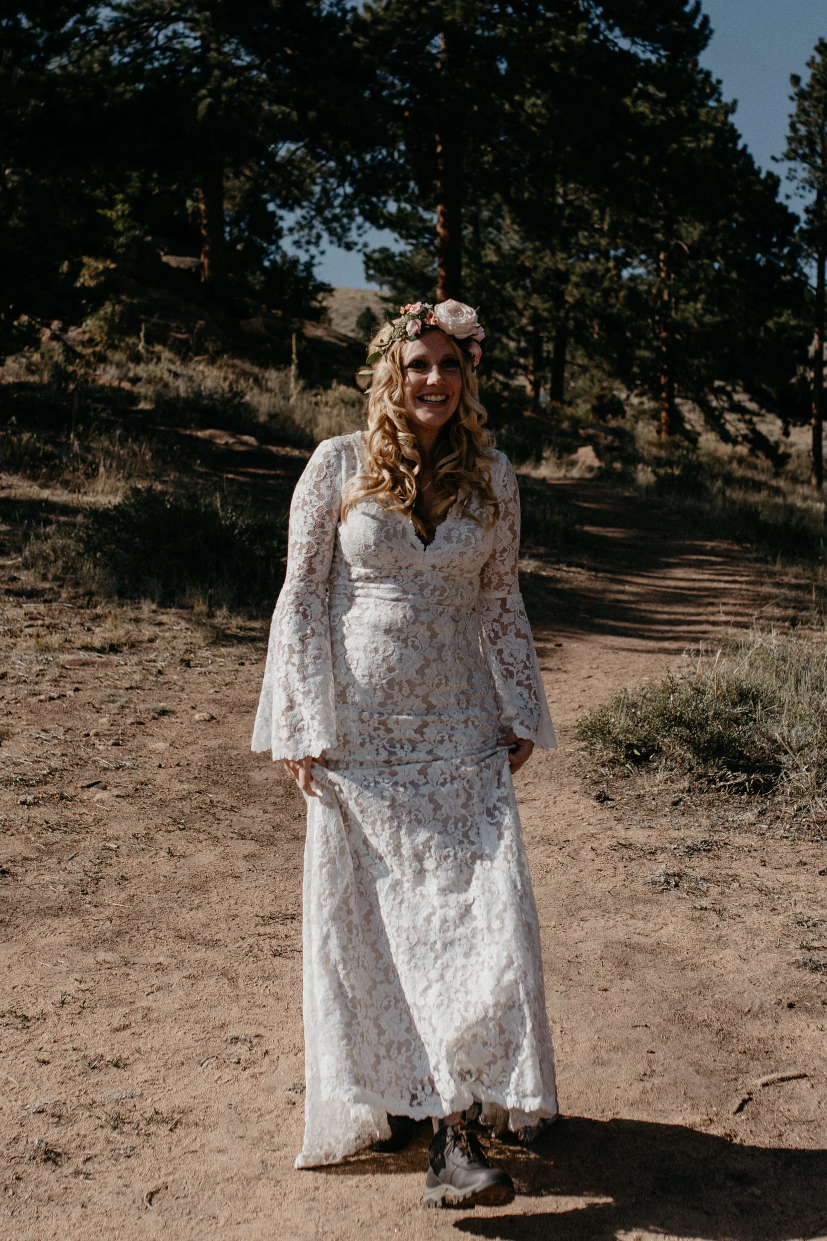 Bride walking down alter at 3M curve elopement in Rocky Mountain National Park. 
