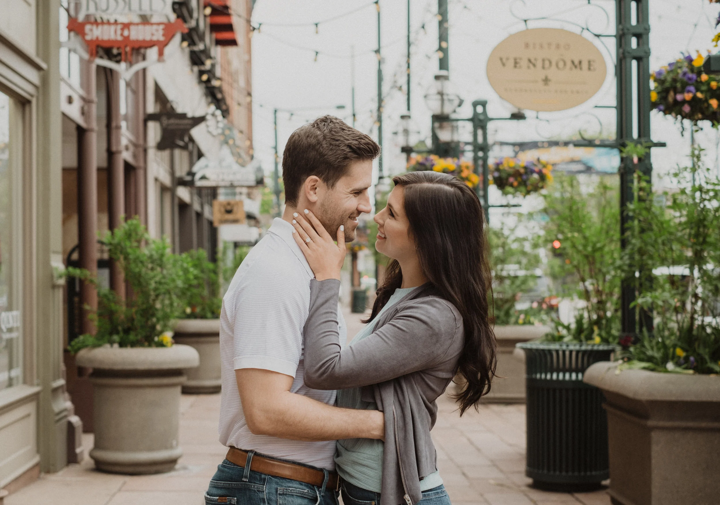  Larimer Square engagement photos in Downtown, Denver. City engagement photo ideas. Colorado wedding photographer. Downtown Denver engagement session. Urban engagement photo ideas.  