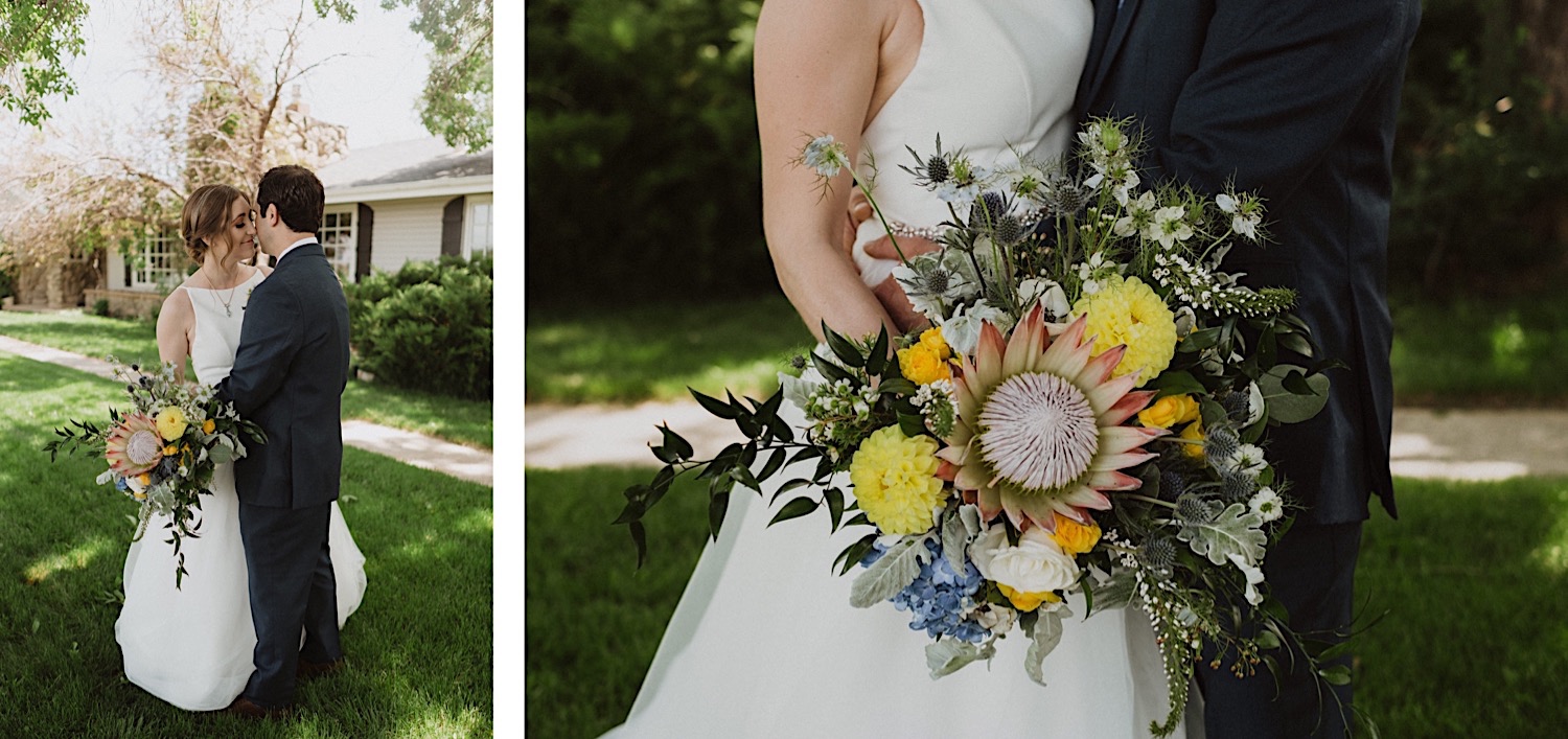 Stonewall Farm Wedding, Colorado Wedding Photographer, Berthoud Wedding Photographer, Fort Collins Wedding Photographer, Colorado Wedding, Colorado Farm Wedding, Colorado Wedding Ideas, Colorado Wedding Inspiration, Wedding ideas, Wedding photography, Wedding inspiration, Farm Wedding, Unique Wedding Ideas, Wedding Photos, Wedding first look, Bride and Groom, Wedding first touch, First look photos, Wedding Flowers, Wedding Bouquet, King of Protea Bouquet, Wildflower wedding bouquet