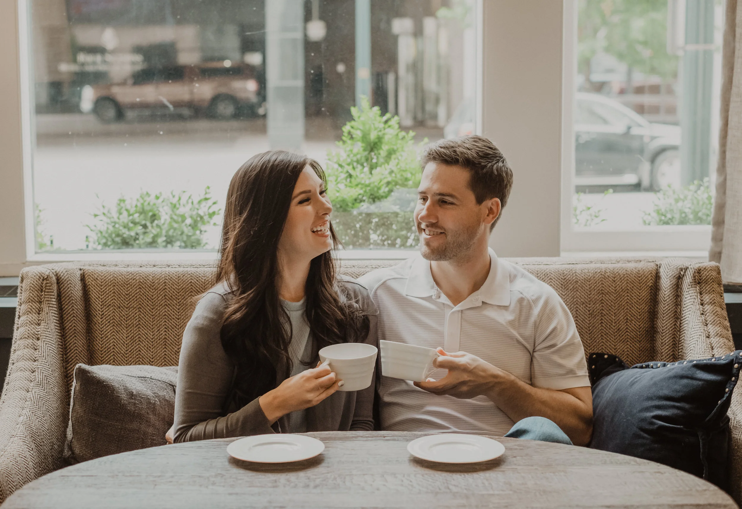  Urban engagement session at Hotel Teatro. Downtown Denver coffee shop engagement. Coffee shop engagement photo ideas. City engagement session ideas. Colorado wedding photography. Denver engagement photographer  