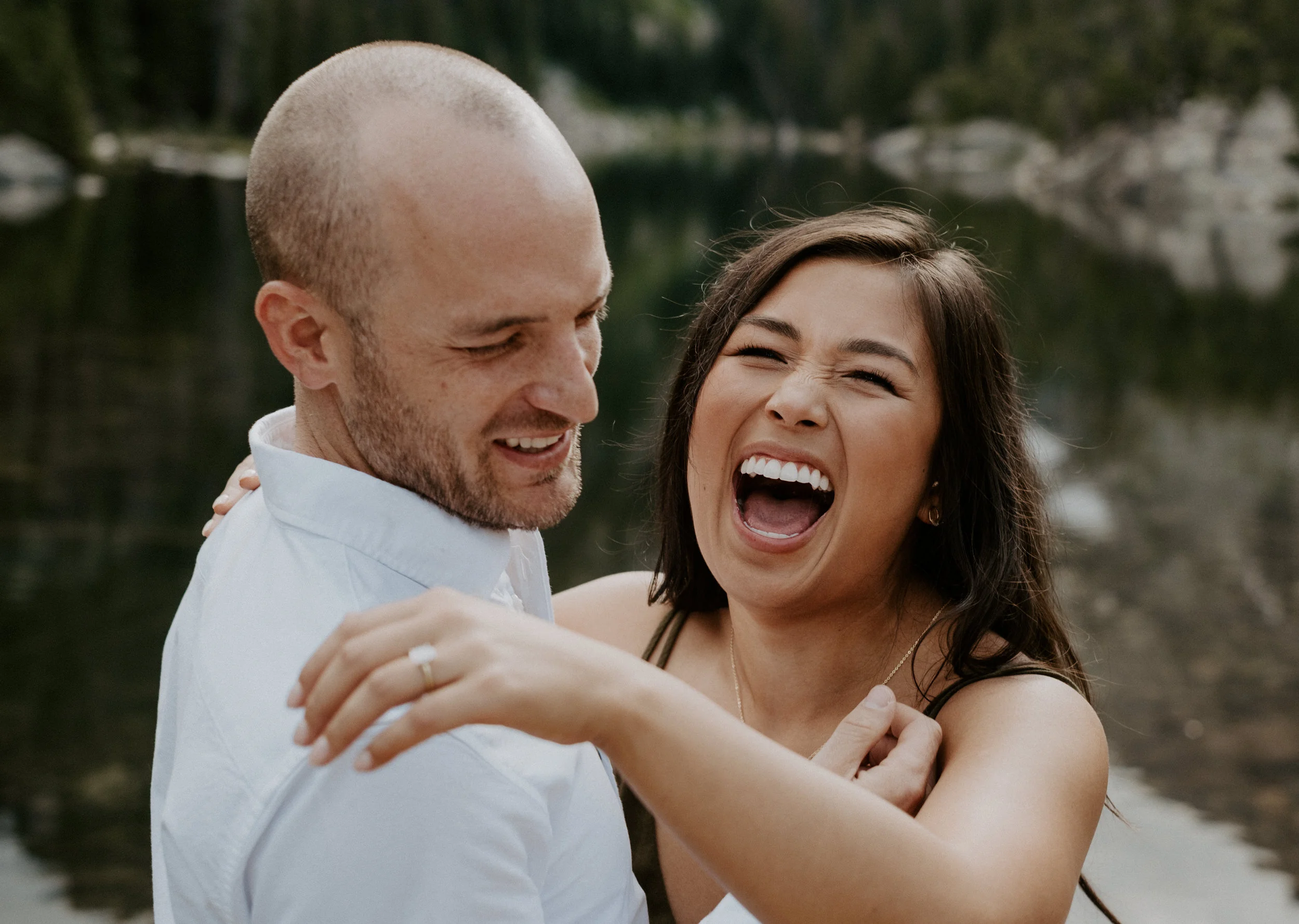  Colorado adventure mountain engagement session. Estes Park, Colorado engagement session photographer. Sunset engagement photos at Dream Lake. Dream Lake in Rocky Mountain National Park adventure engagement photos. Colorado wedding and elopement photographer. 