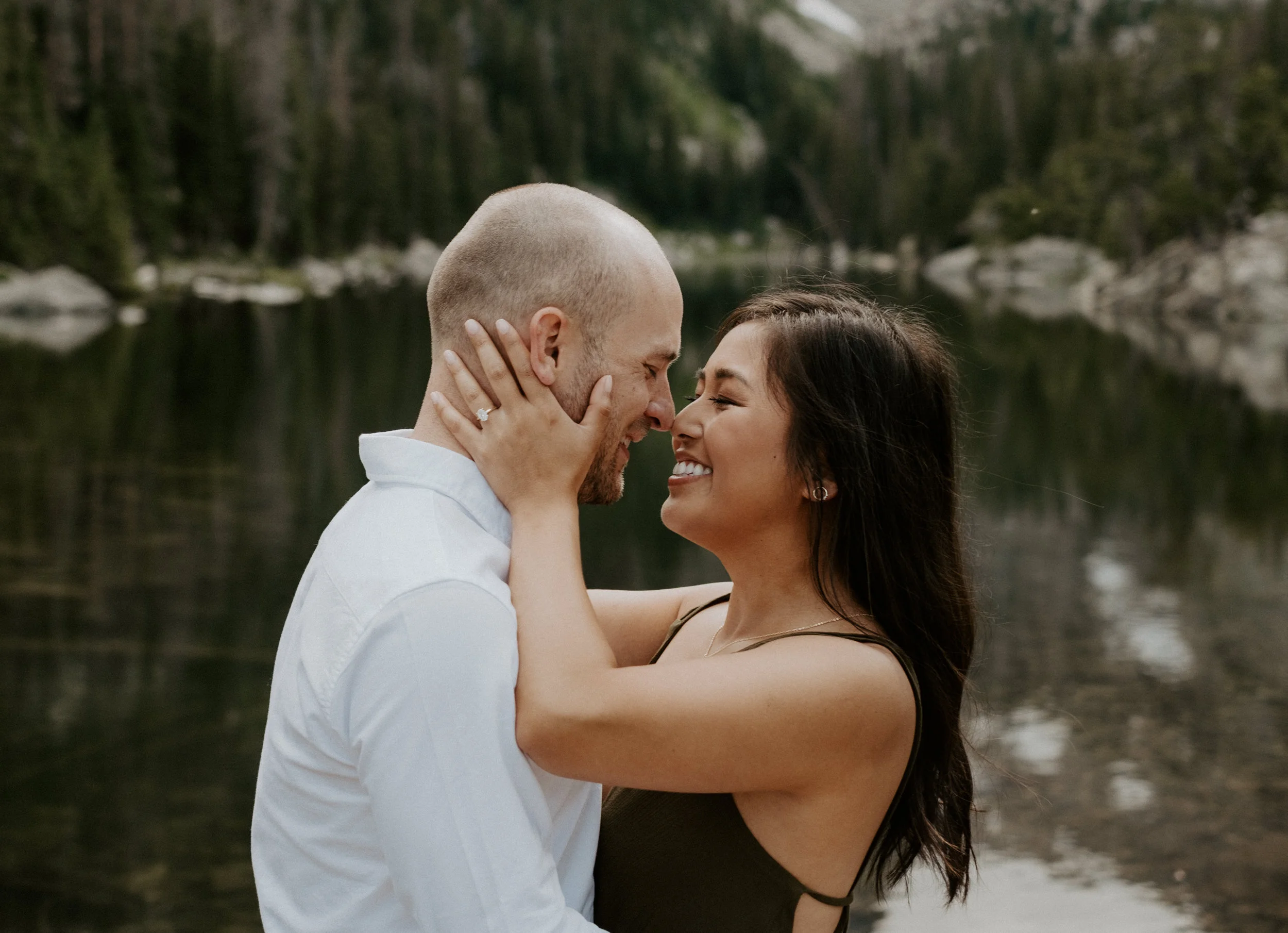  Estes Park, Colorado engagement session photographer. Sunset engagement photos at Dream Lake. Dream Lake in Rocky Mountain National Park adventure engagement photos. Colorado wedding and elopement photographer. Estes Park wedding photography. 