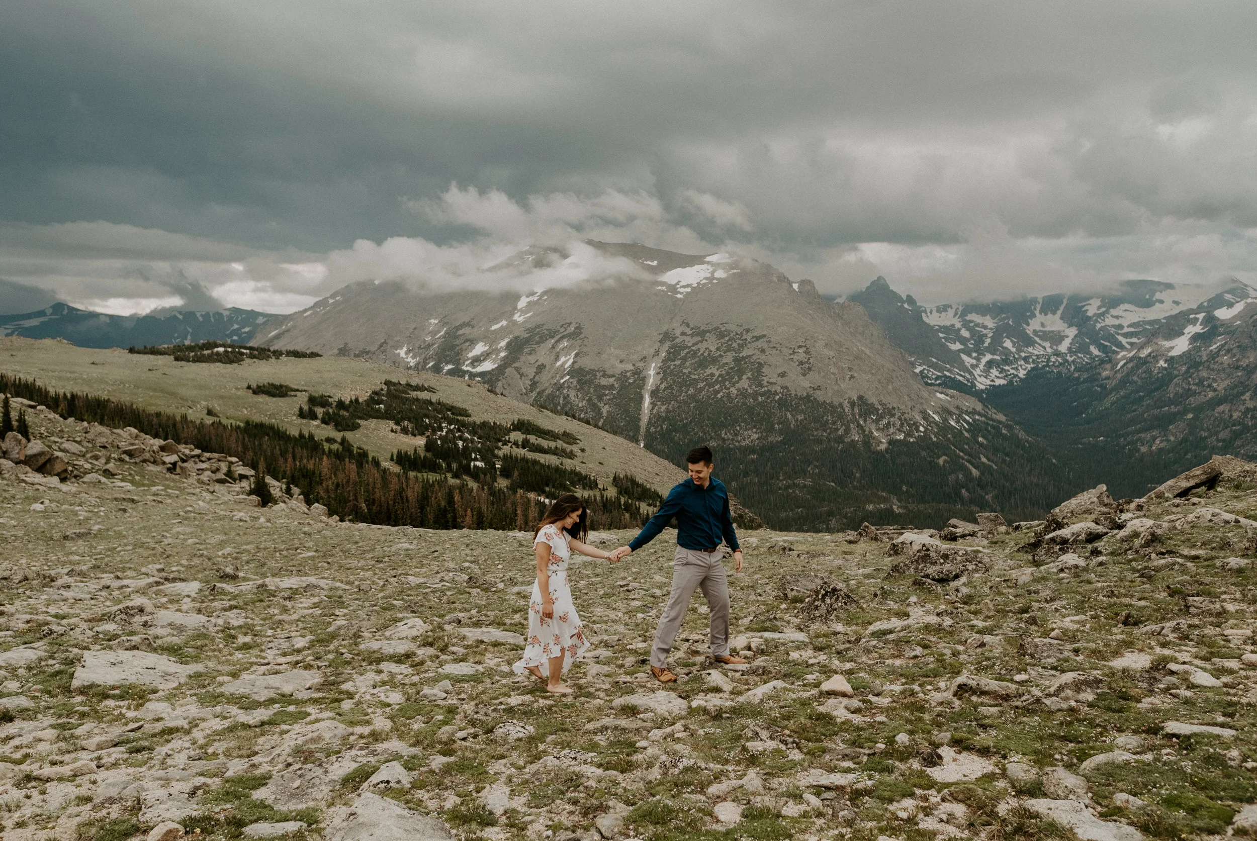  Trail Ridge Road adventure engagement session in Rocky Mountain National Park. Rocky Mountain National Park elopement. Colorado engagement session photographer. Engagement session outfit ideas. Colorado engagement session locations. Mountain engagement session. National Park engagement photo ideas. Colorado elopement photographer. Colorado wedding photography. 