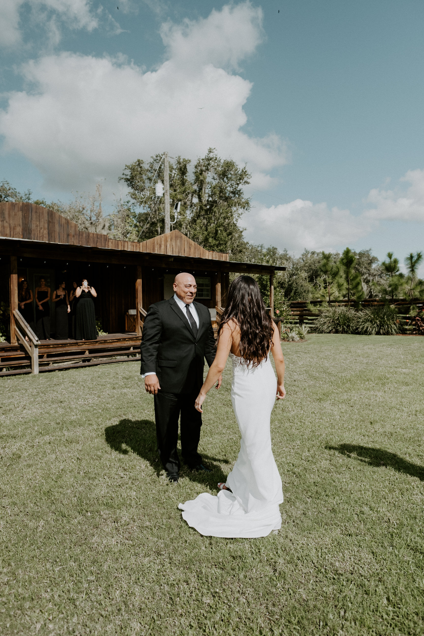  Bride and dad first look wedding inspiration. Florida Rustic Barn Weddings in Plant City. Tampa wedding photographer. Bride and dad first look.  