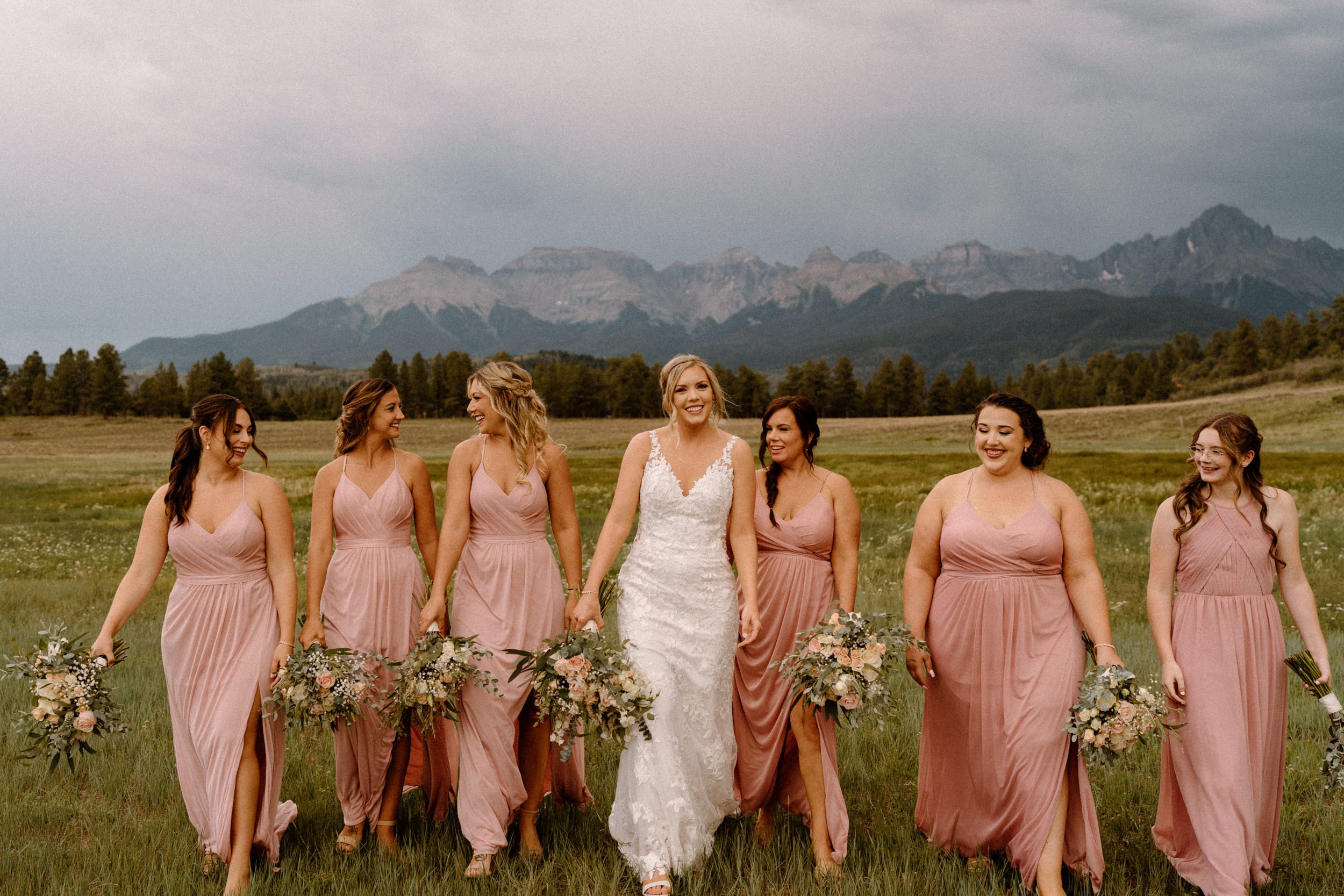 Bridal party poses in a valley outside at Top of the Pines in Ridgway, CO