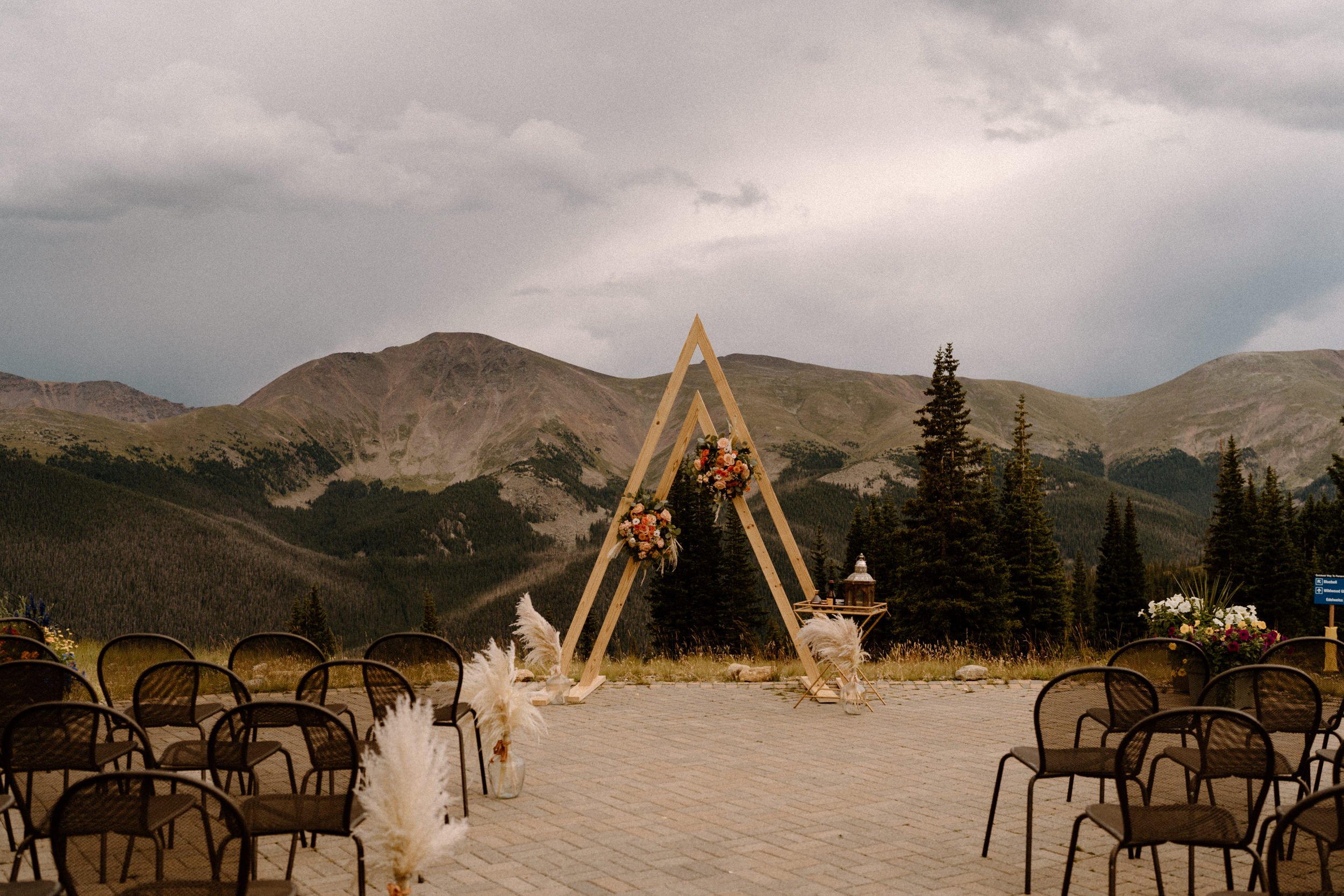 Ceremony area and wooden triangle altar at the top of Lunch Rock in Winter Park, CO