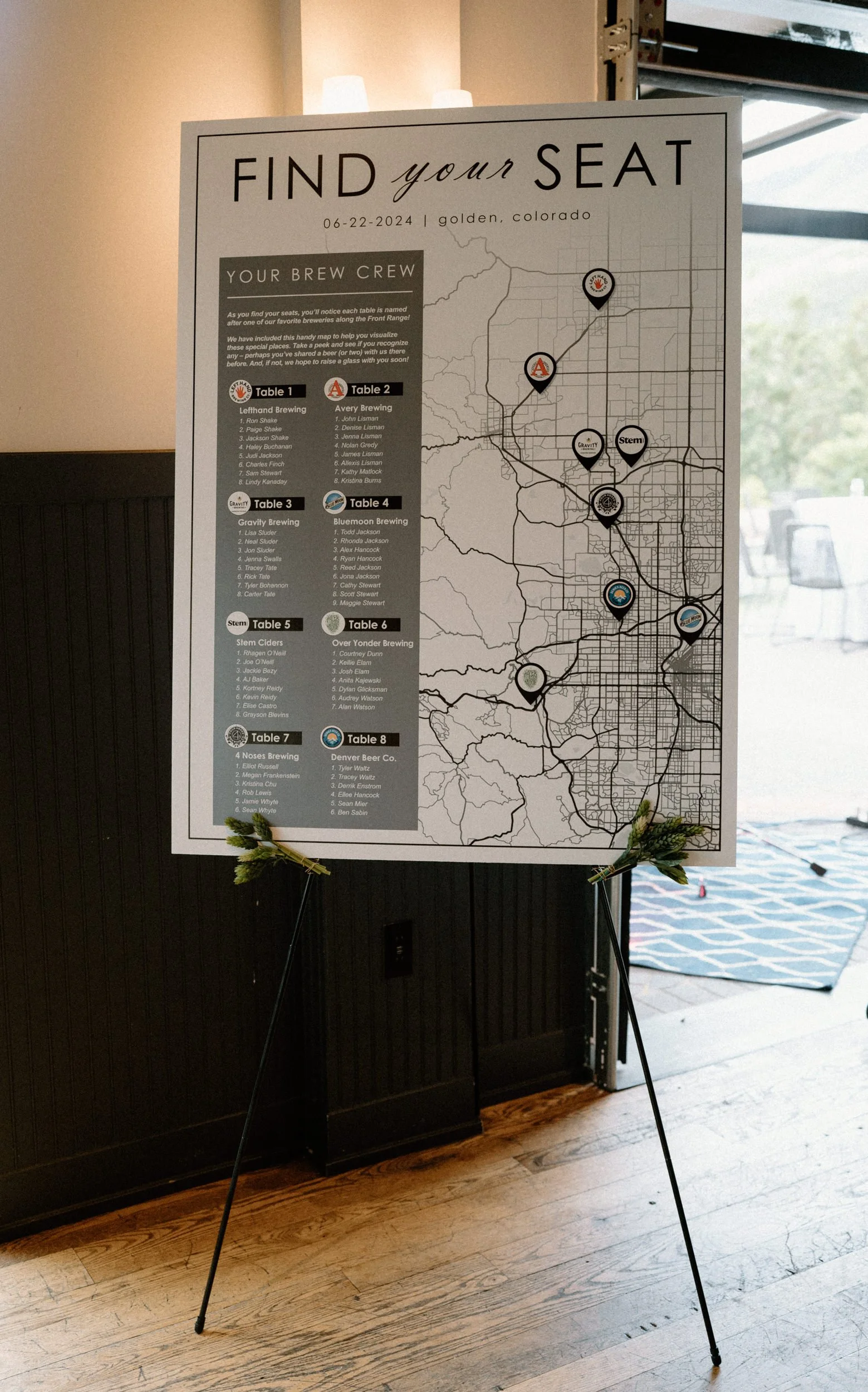 Seating chart from a wedding at The Eddy in Golden Colorado