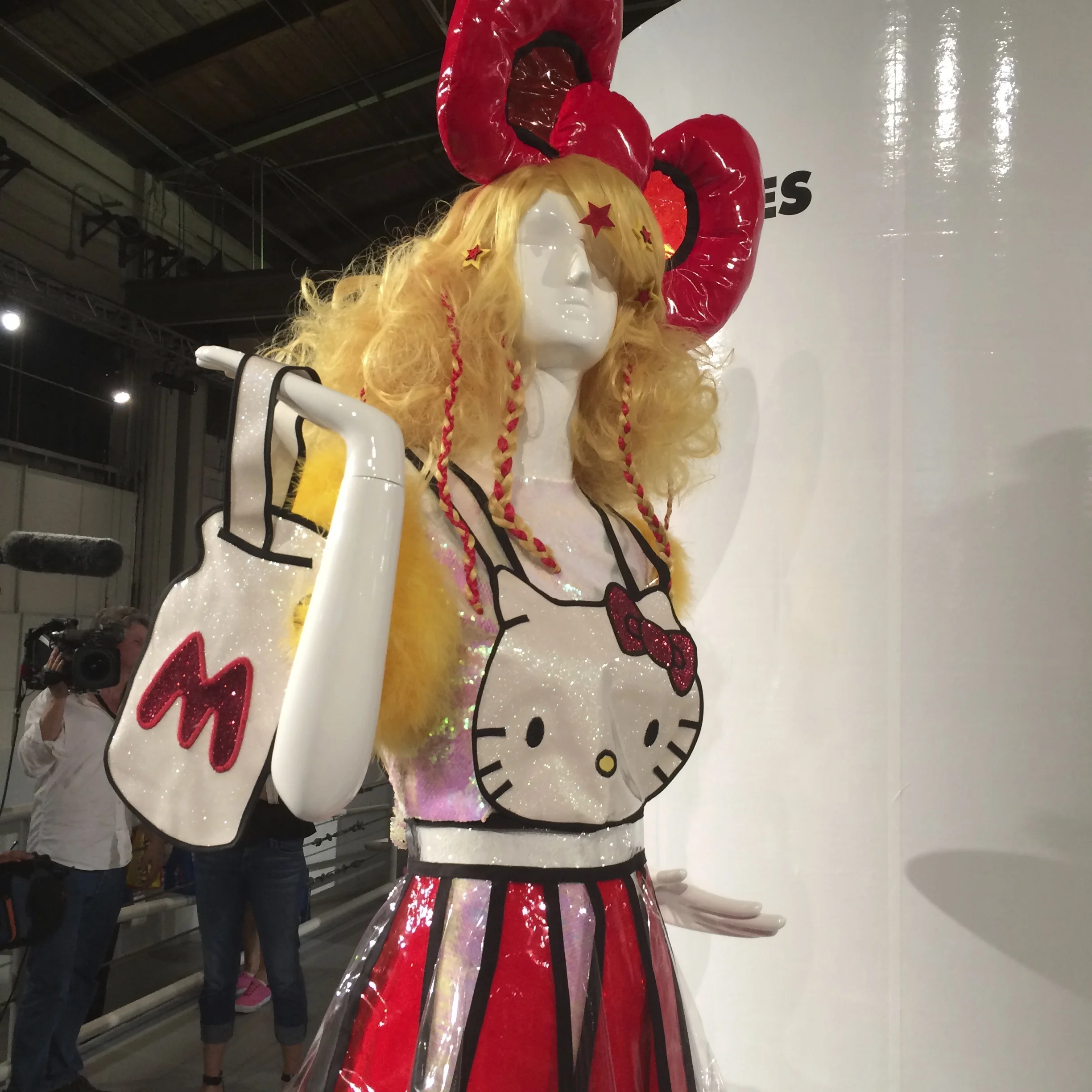 2014 Doll Eyes collaboration with Elena Kanagy-Loux for Sanrio Hello Kitty Con Milk Bottle Purse, Oversize Vinyl Bow, and Kitty Face Vinyl Dress
