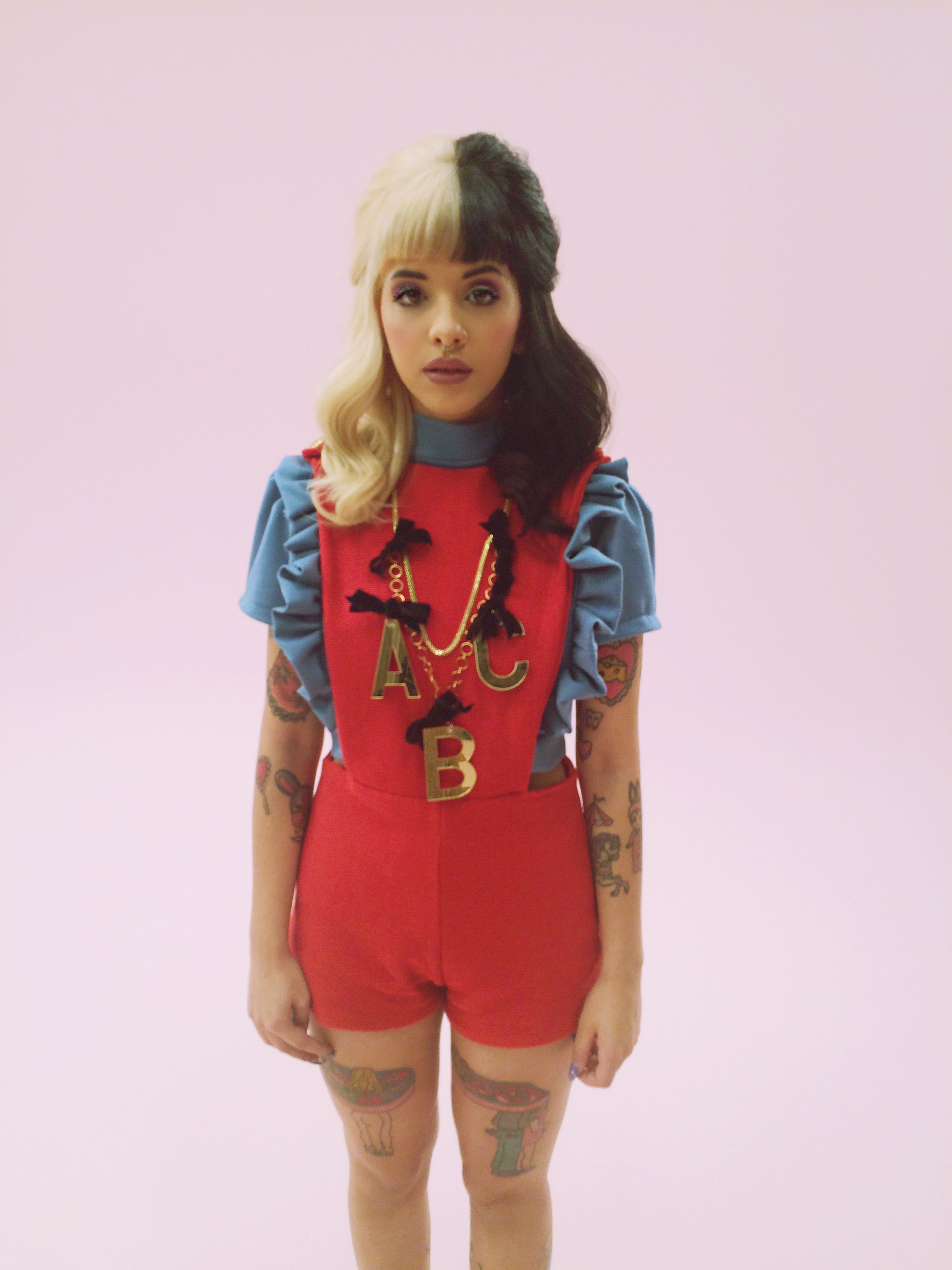 2016 Red Knit Romper, Blue Frill Crop Top, and ABC Necklace created for Melanie Martinez