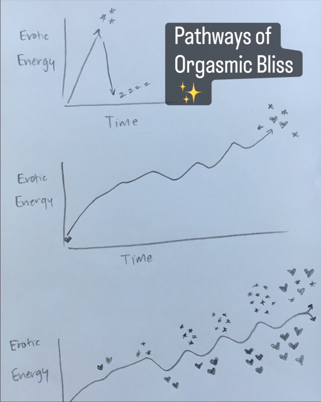 Expanding pleasure. Extending time within pleasure.

 This sketch describes different ways of experiencing the pleasure of the O. 

From the classic peak and crash 

To waves of pleasure and the expansive experience of the gradual build of erotic ene