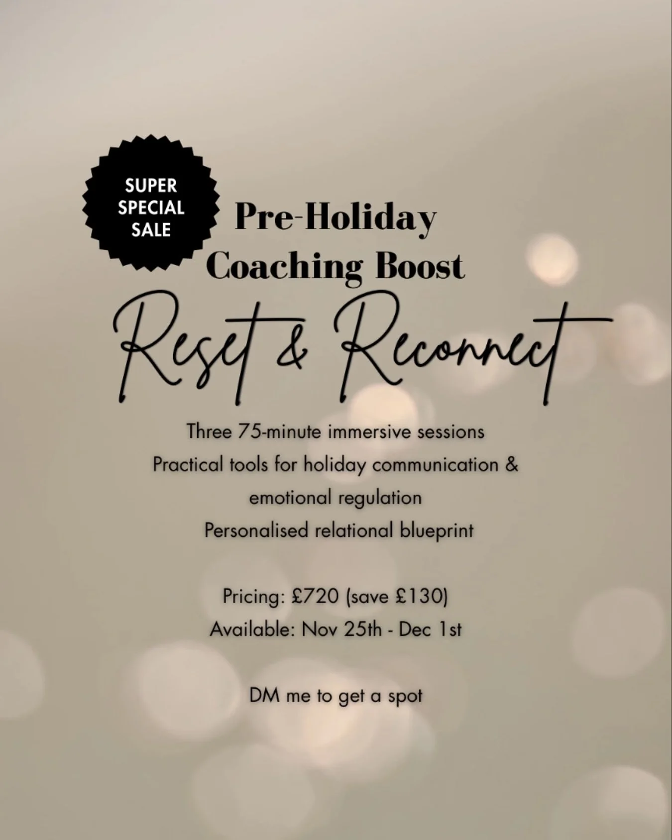 BLACK FRIDAY WEEK is here.

If you want to move into December feeling calm, clear and grounded 
This is for you.

The holidays can stir up old patterns fast.
Reset &amp; Reconnect gives you the support and tools to handle it differently this year.
He