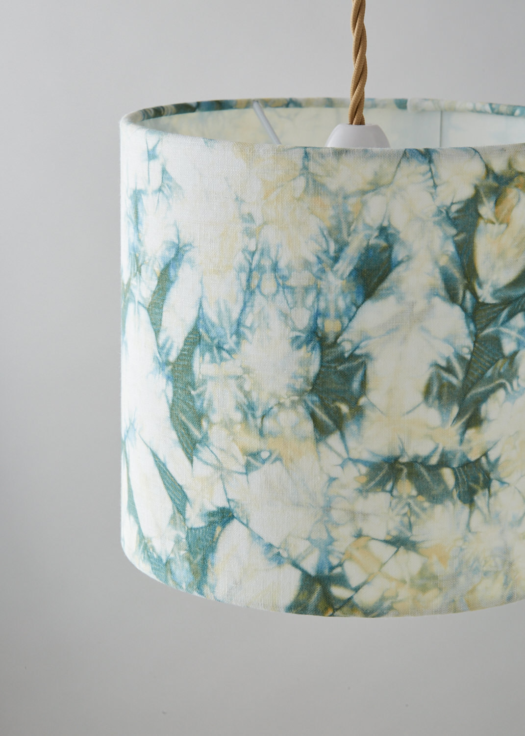 Teal green and gold bomaki shibori lampshade - pendant light left