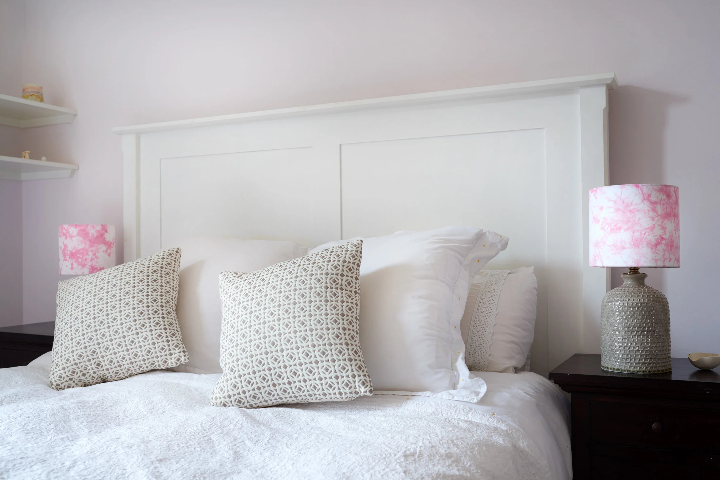 Pink and white bomaki shibori lampshades - Master bedroom pair unlit