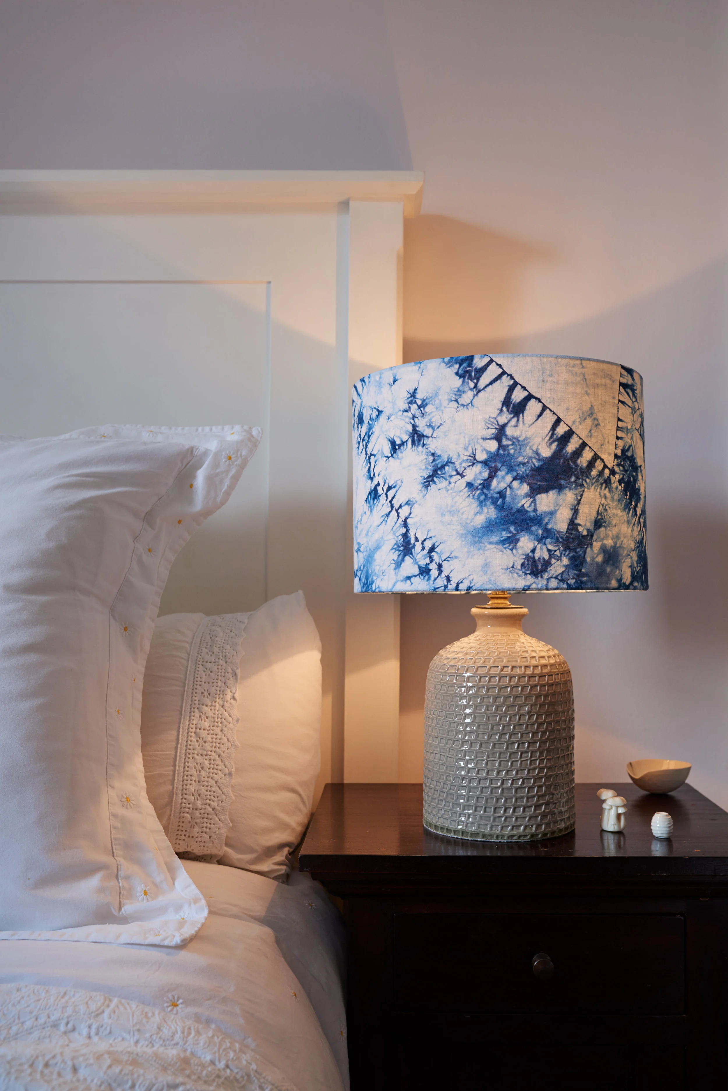 Indigo blue and white orimaki shibori lampshade - guest bedroom lit