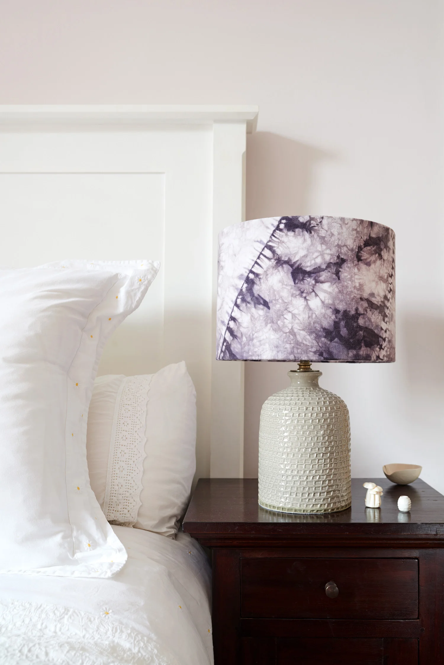 Purple and white orimaki shibori lampshade - guest bedroom unlit
