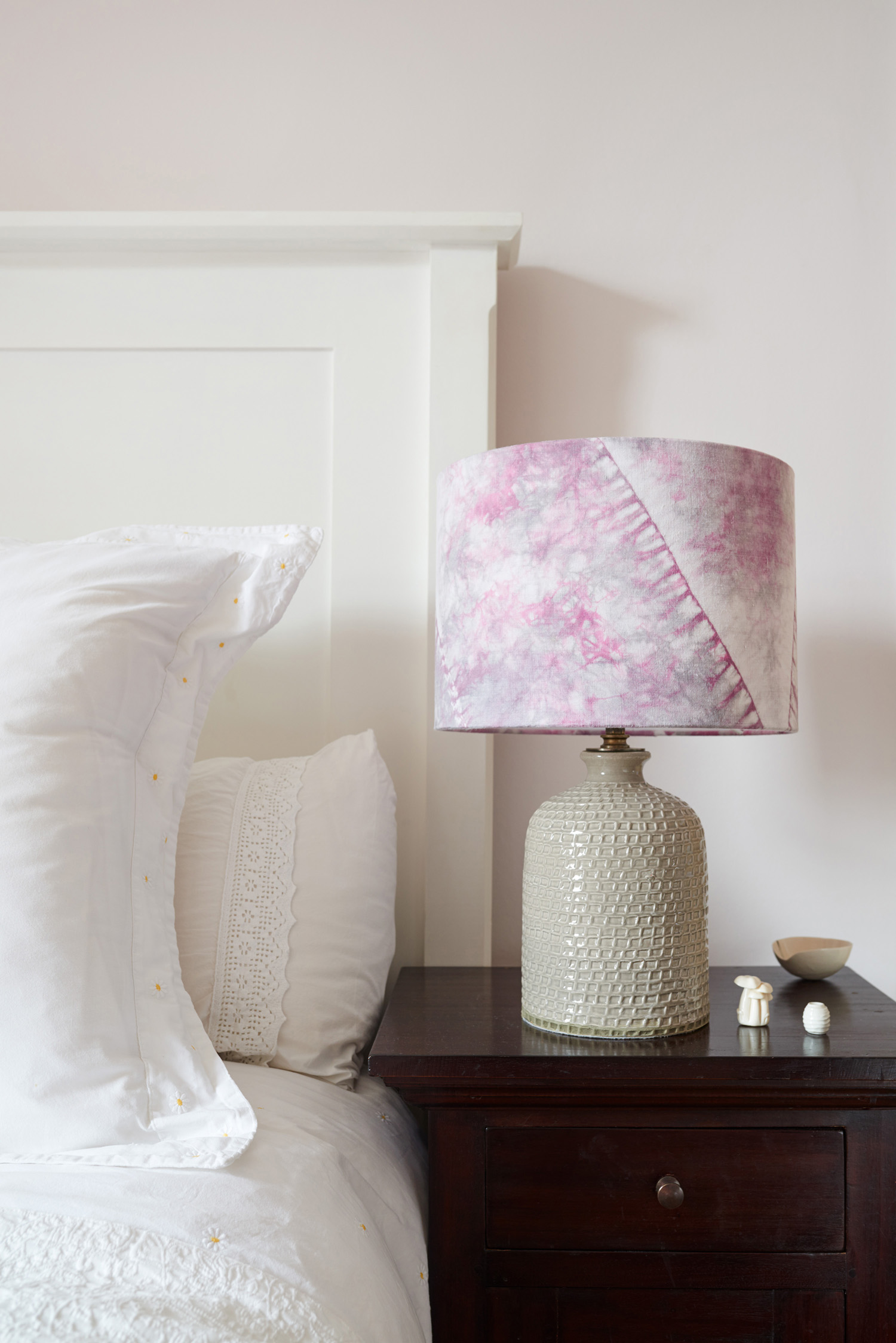 Pink, grey and white orimaki shibori lampshade - guest bedroom unlit
