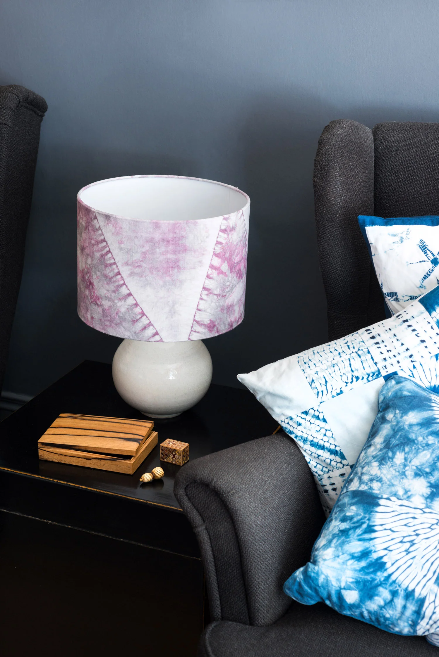 Pink, grey and white orimaki shibori lampshade - living room unlit
