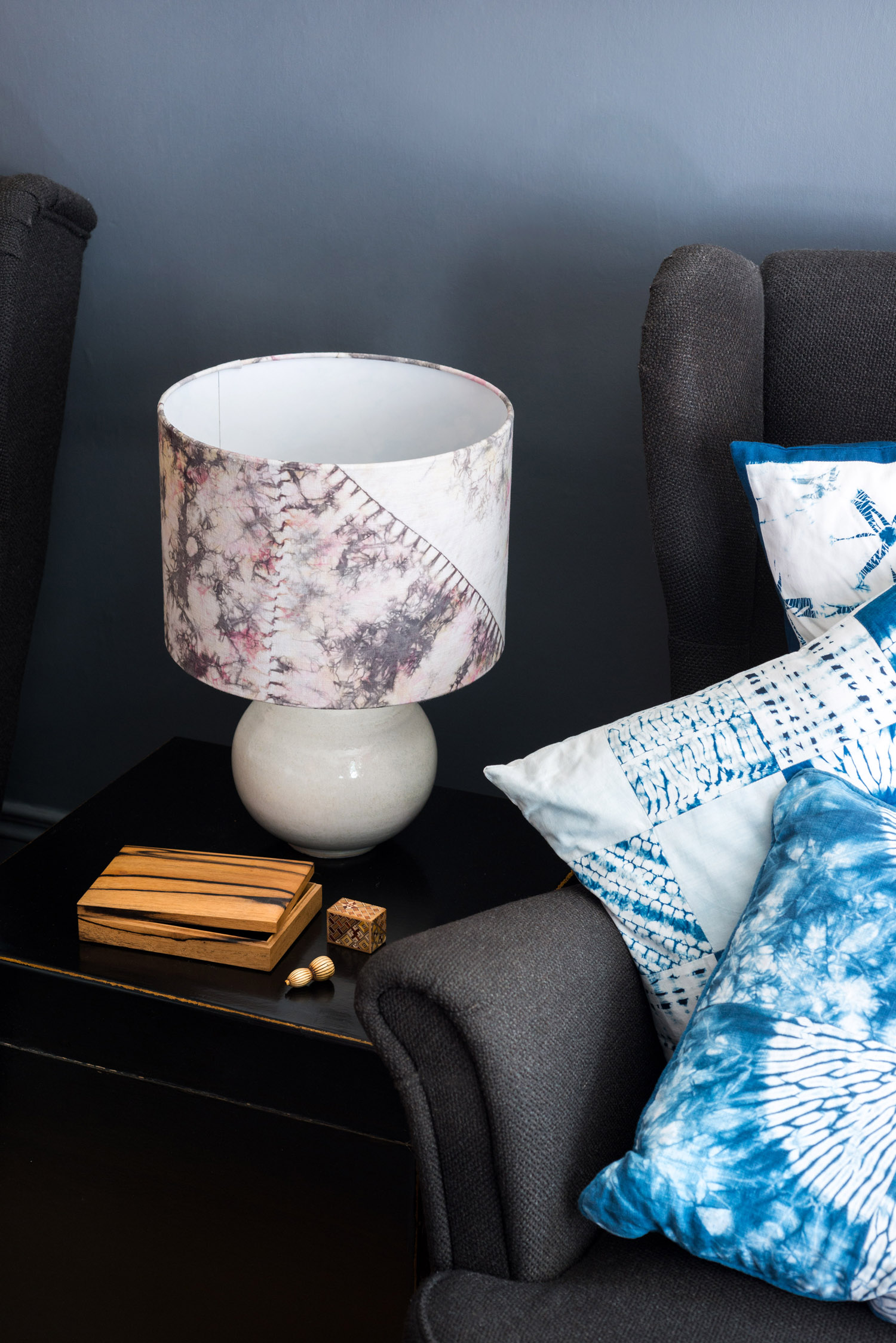 Multicoloured white orimaki shibori lampshade - living room unlit