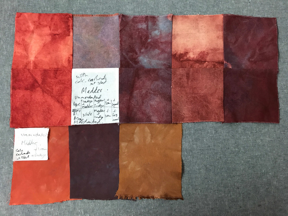 Madder dyed samples on silk and cotton