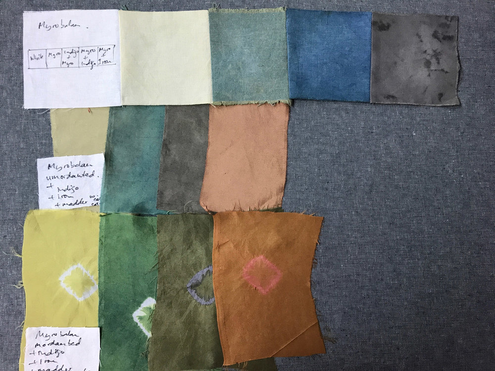 Myrobalan dyed samples on silk and cotton