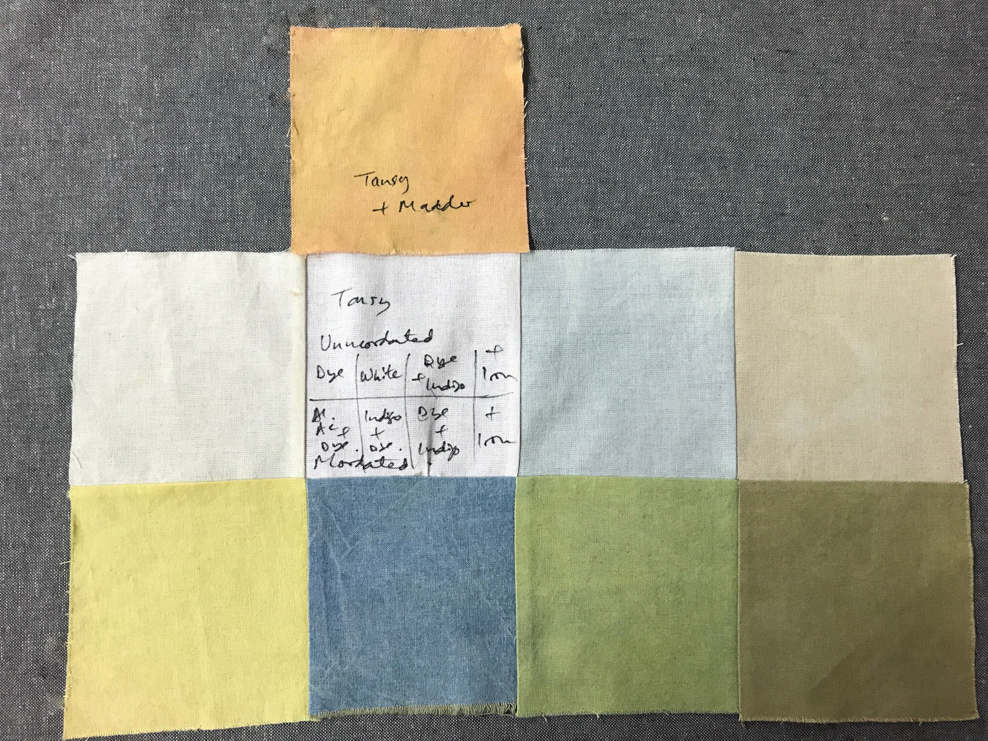 Tansy dyed samples on silk and cotton