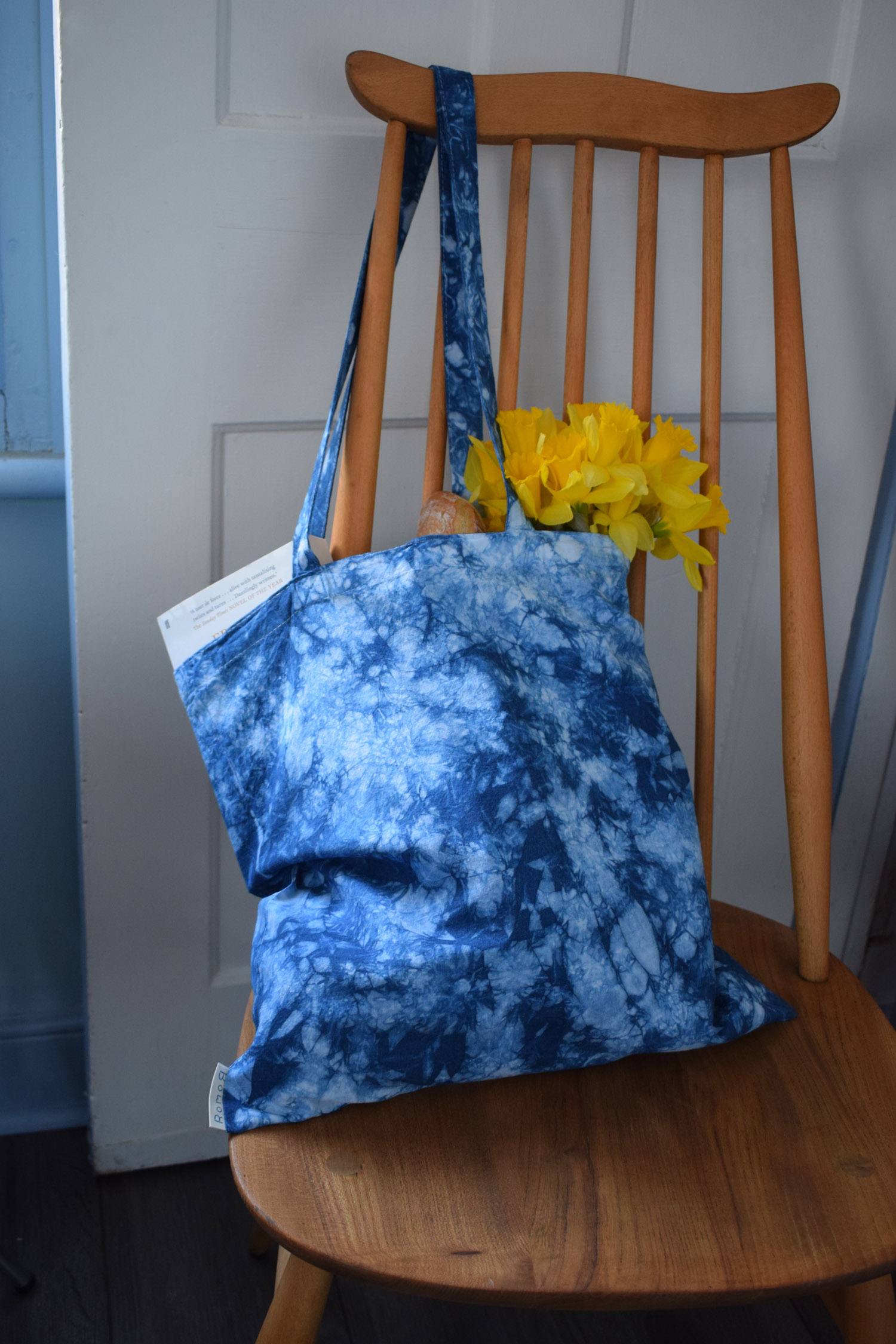Romor Designs indigo tote - MARBLING - BOMAKI - on chair filled.jpg