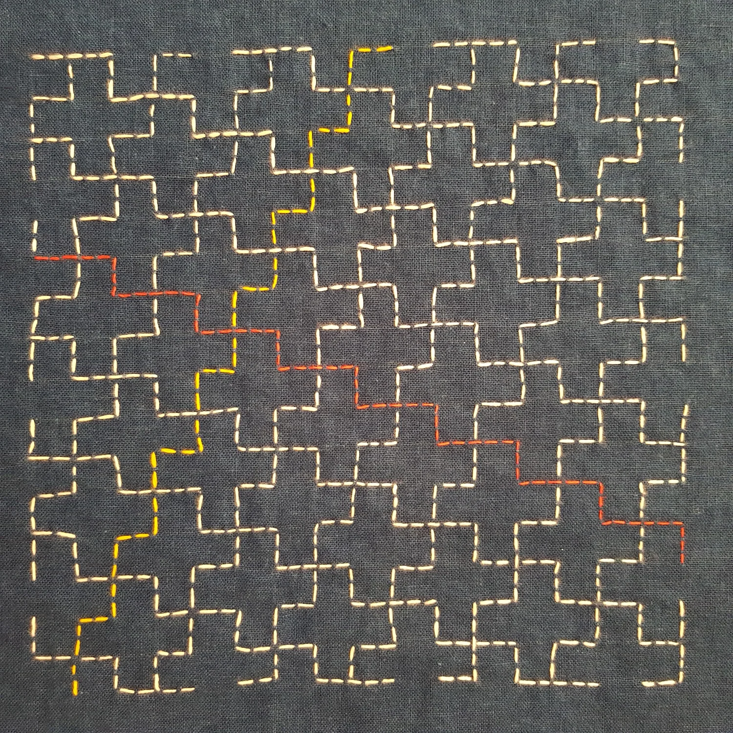 Jujitsunagi (Linked ten crosses) Myozashi sashiko on indigo dyed linen (from a drawn grid)