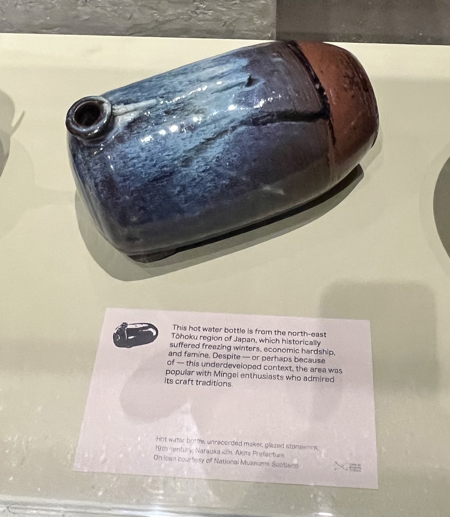 Mingei exhibition - April 24 - pottery hot water bottle blue glaze.jpg
