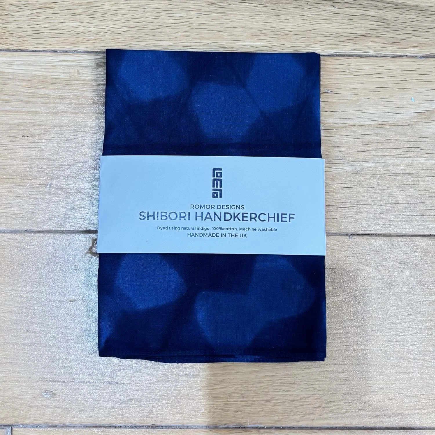 Romor Designs handkerchief - H285 - Wrapper - Itajime blue background.jpg
