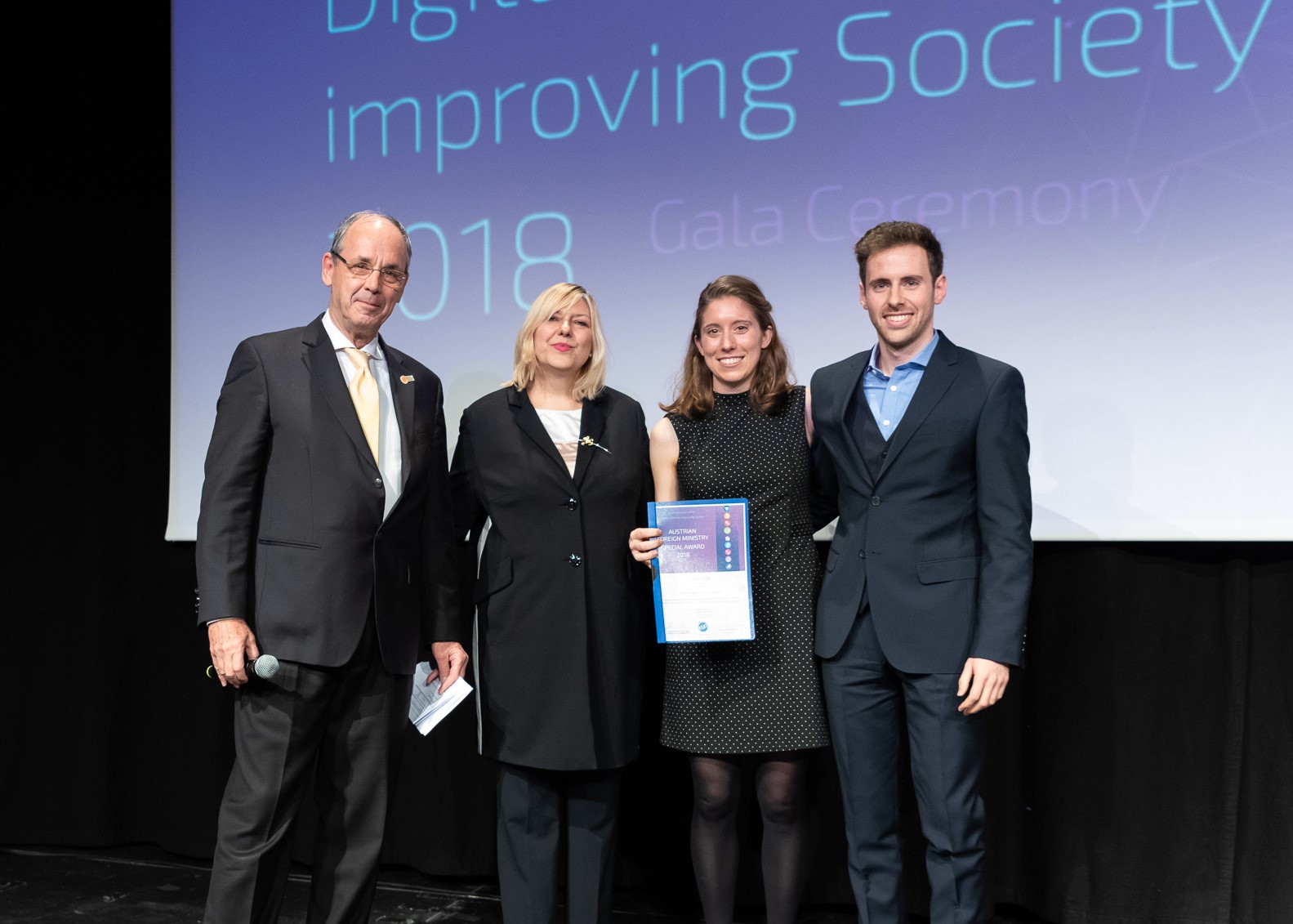 Gala Ceremony at the European Youth Awards in Graz, Austria. Co-founders Taylor and Ander with Peter A.Bruck and Austrian Foreign Ministry representative.