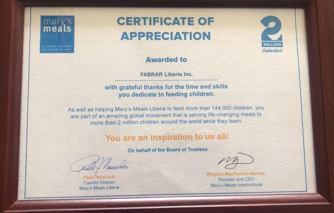  In partnership with Mary's Meals, FABRAR helped feed 144,000 children across Liberia. 