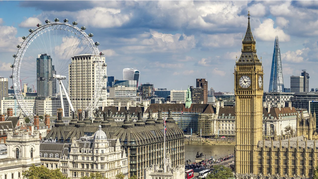 Aerial view of Big Ben and the London Eye