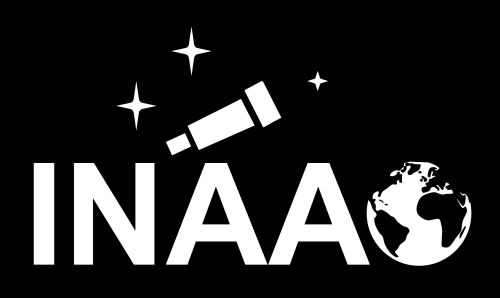 INAAO logo. It has a telescope using the first A as a tripod, and the O is the Earth. There are three stars above, one being observed by the telescope.