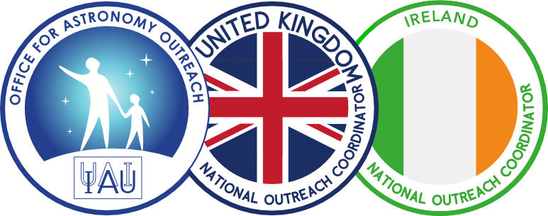 IAU logos for the Office of Astronomy Outreach, the UK NOC, and the Ireland NOC