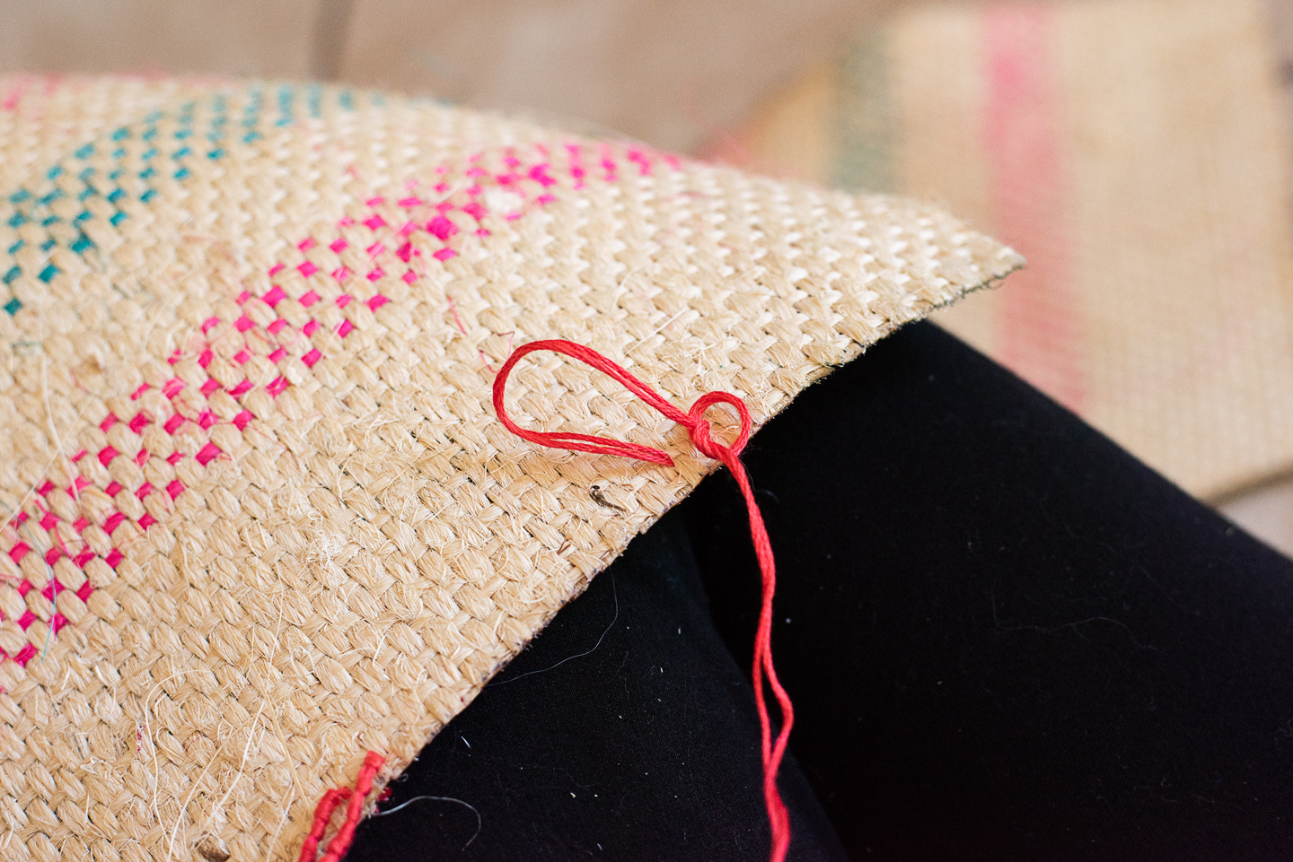 DIY Tabletop Christmas Tree Skirt from an Upcycled Burlap Coffee Sack