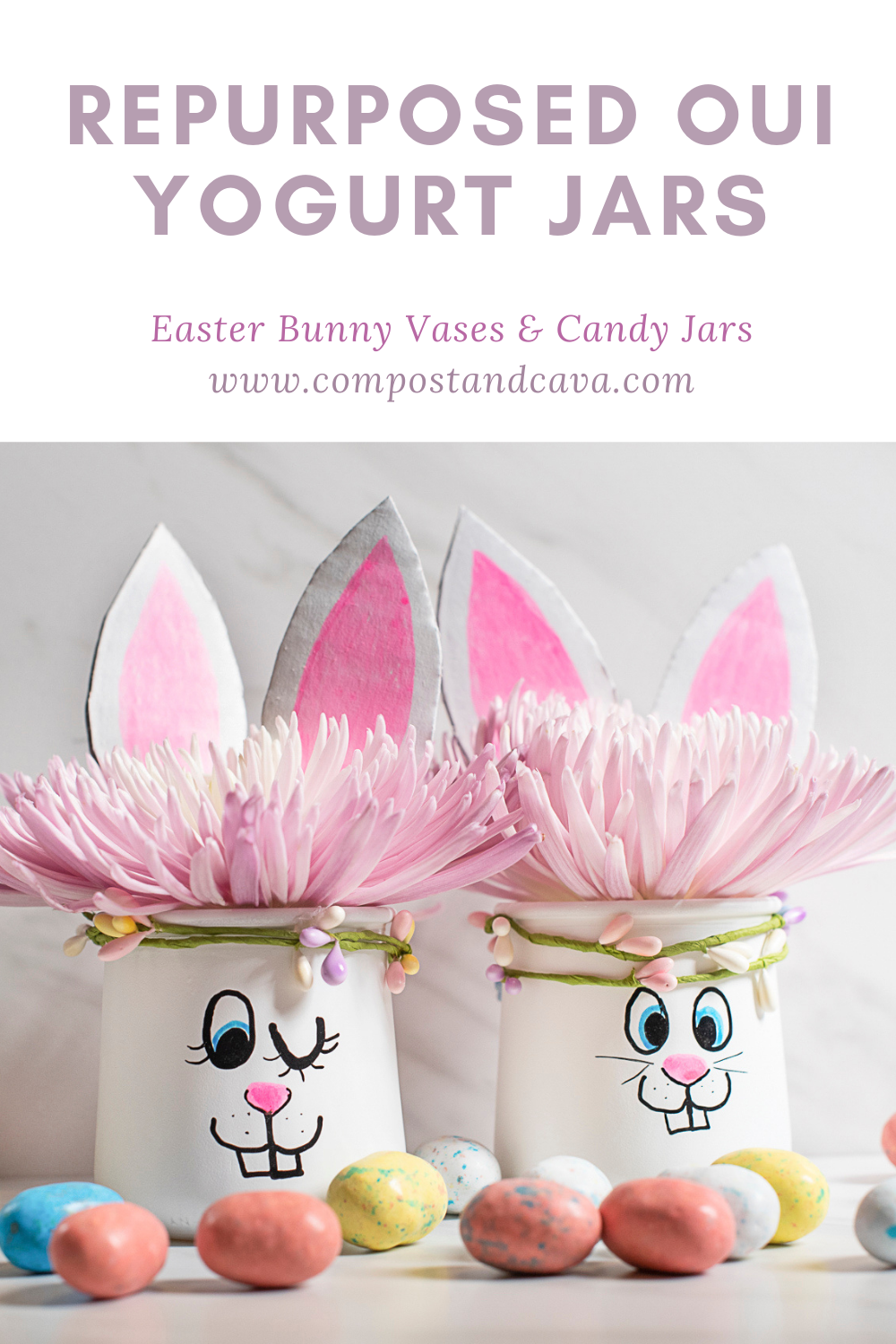Ecofriendly Easter Bunnies from Repurposed Oui by Yoplait Yogurt Jars