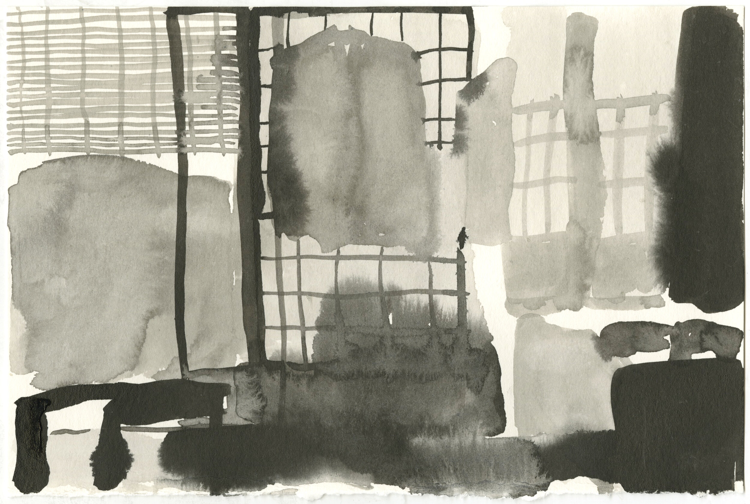  sumi ink on paper, 6”x8.75”, 2019  A series of ongoing work inspired by or directly referencing the work of Yasujirō Ozu. 