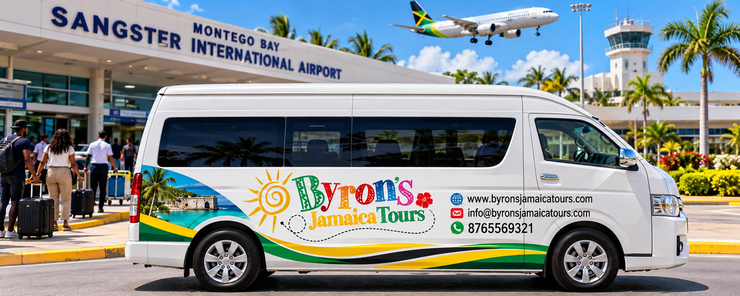 Byron's Jamaica Tours private airport transfer vehicle at Sangster International Airport, Montego Bay, Jamaica