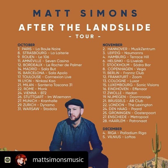 On sale now! #Repost with @Repostlyapp @mattsimonsmusic Back on the road this Fall with the After The Landslide tour! So excited to play the songs off the album in so many new cities and countries I&rsquo;ve yet to play.