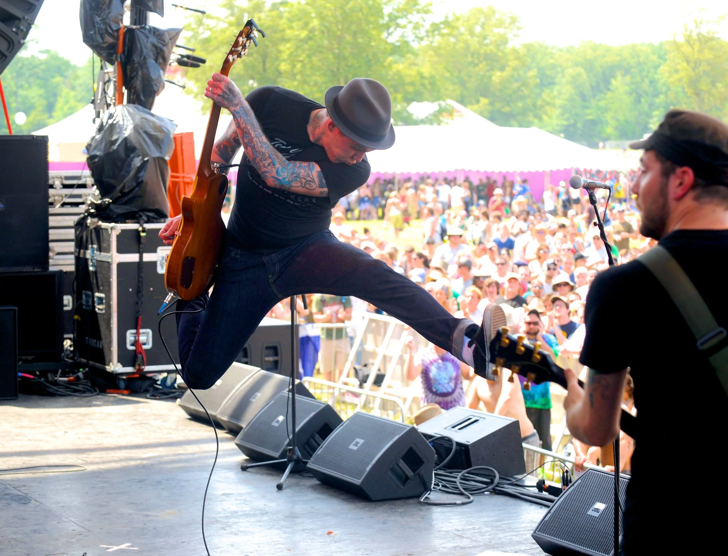 Brian Fallon and Alex Rosamilia of The Gaslight Anthem perform onstage during Bonnaroo 2010 at Which Stage on June 11, 2010 in Manchester, Tennessee.Bonnaroo 2010 - Day 2 - The Gaslight AnthemWhich StageManchester, TN United StatesJune 11, 2010Photo by Jeff Kravitz/FilmMagic.comTo license this image (60717223), contact FilmMagic.com