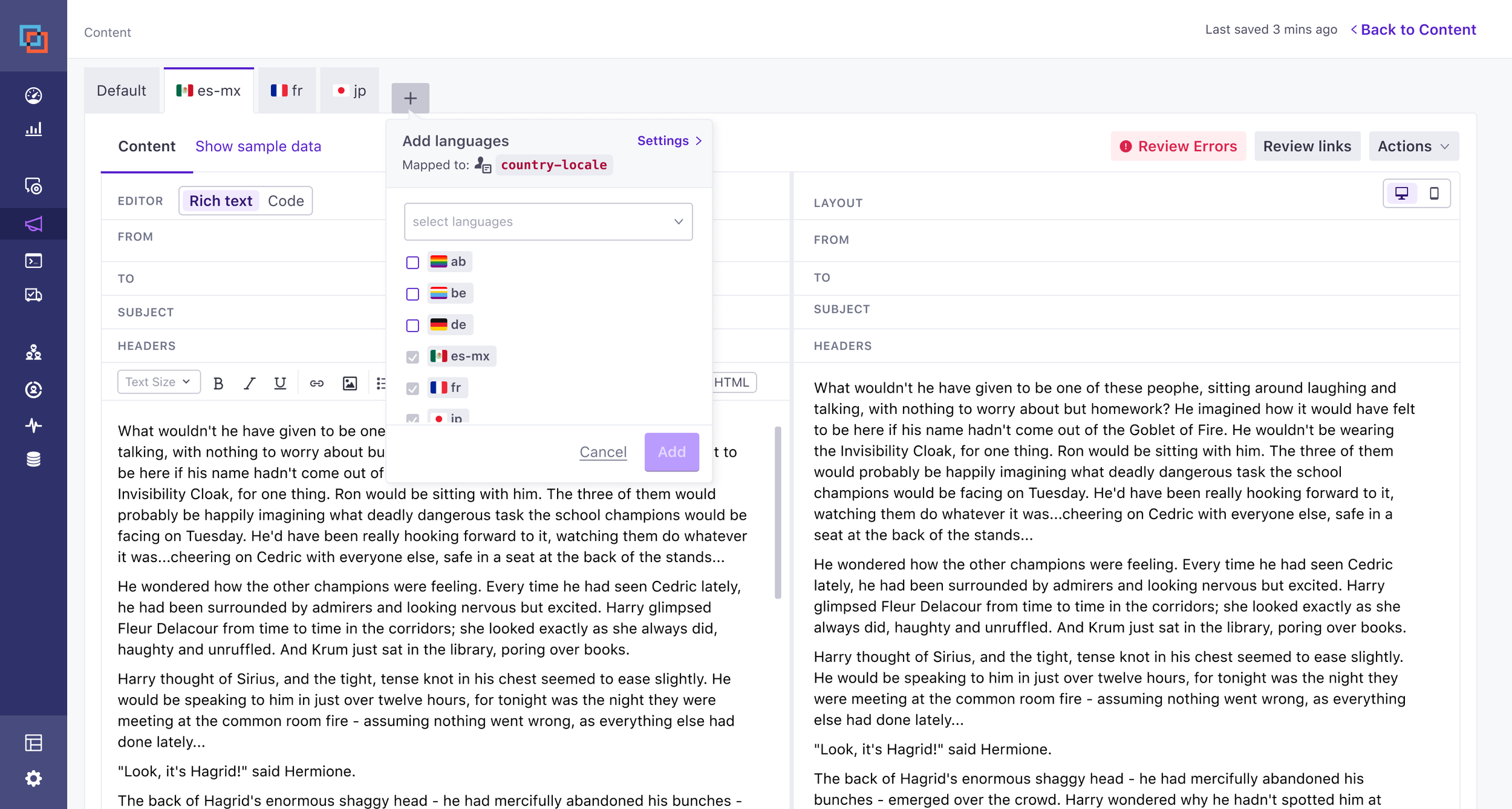 Adding a language in the editor