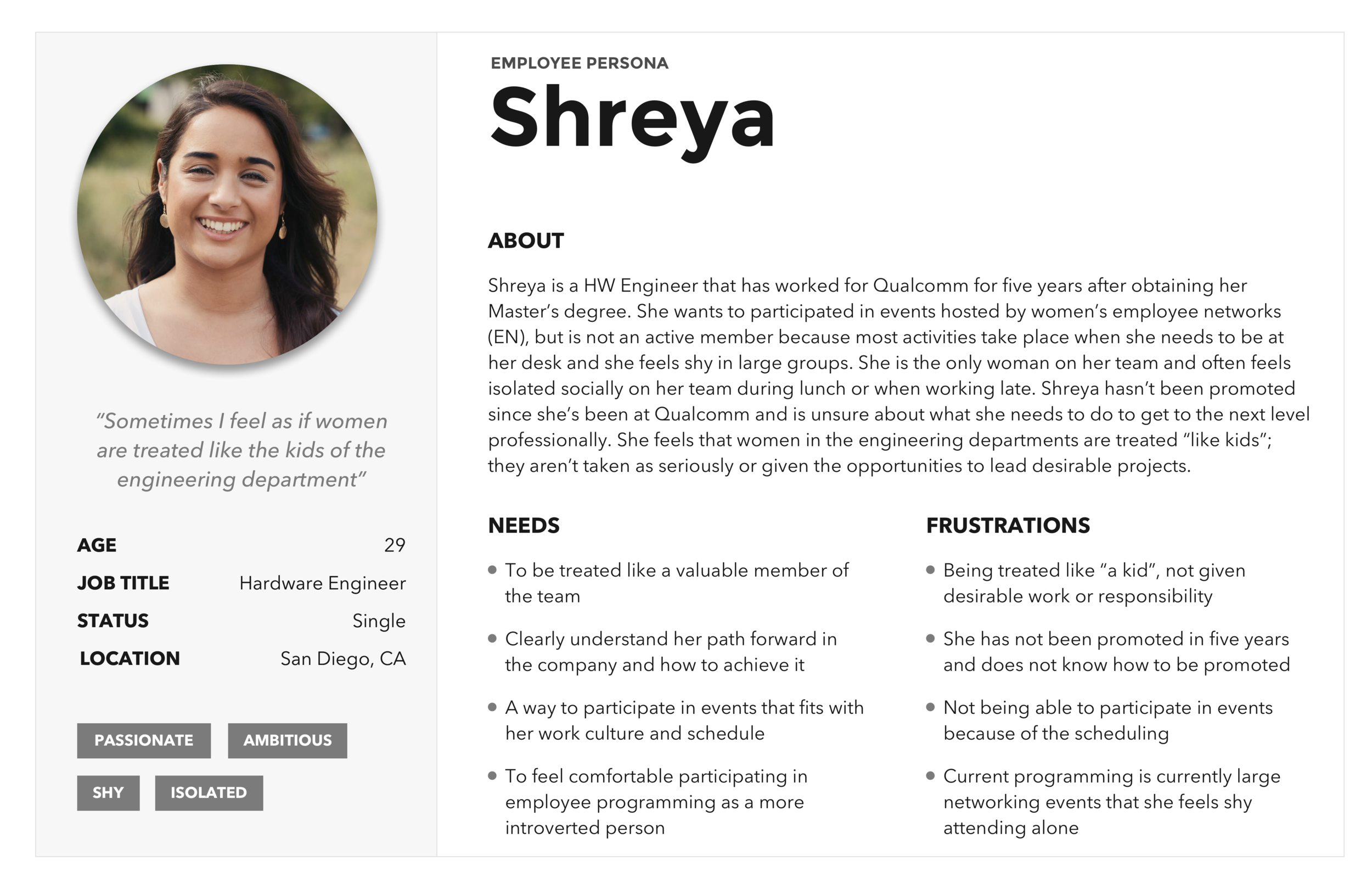 Above is a sample persona similar to the ones I created for Qualcomm as one way to communicate my interview findings.