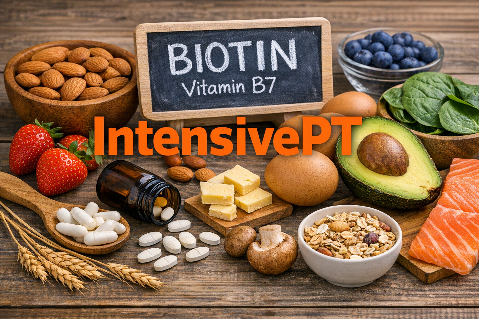 Biotin och B7-vitaminer på träbord.png