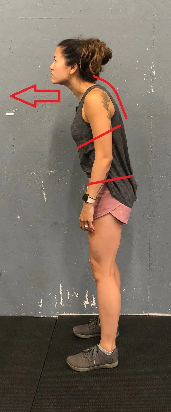 Forward Head & Rounded Upper Back Posture: Head is pushed forward, lengthening in the back of the neck and shoulders. Ribs sometimes pushed downwards.