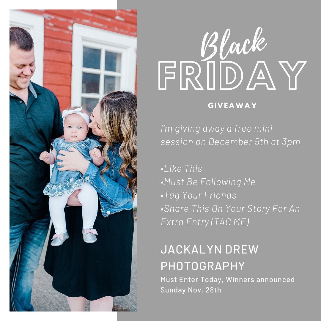 Hope you all had a wonderful Thanksgiving! In Honor of Black Friday and all the amazing deals I wanted to give away a free mini session!
This will take place on December 5th at 3pm (25 mins), location TBD, winner will be announced Sunday, November 28