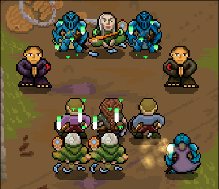 These two healers both have spear rings. This allows them to attack the unit in front of them for half damage and the unit 2 spaces away for full damage. Also it makes them shoot our new purple VFX! :D