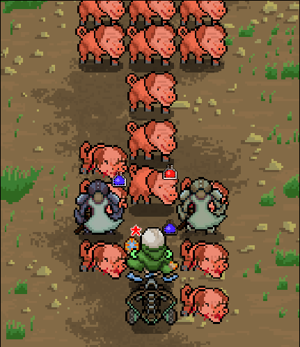 We also set up a pretty simple but effective new shader this week that allows us to have units blink white when they are attacked. At the same time we created new blood effects for heavy medium and light damaging attacks. Check out the heavy attacks from this Batista one shotting the pigs.