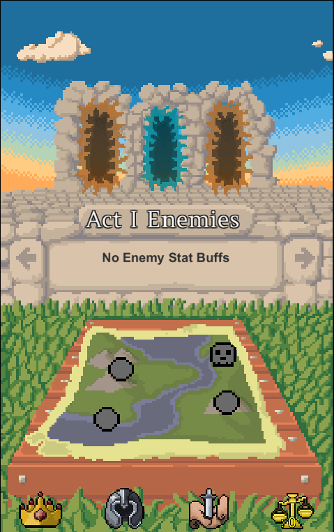 This is the map screen! Below on the map are campaign missions for the act that we are currently in. The final mission is a boss mission where you can only leak 1 enemy instead of 3. Above are random portals that take you to procedural generated missions at the current difficulty (these are act 1 random portal missions). This screen also has different types of clouds so it will look dynamic throughout the game.