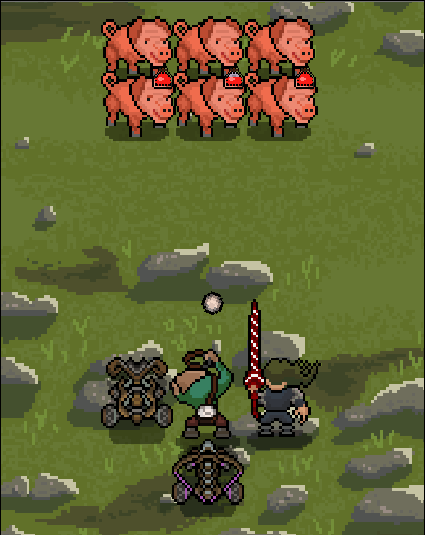 I also felt like the health bar chunking effect gives you more information about how a units damage pattern is actually taking place. You can see that the rock thrower in the middle actually deals damage at 2 separate times when his rock lands and when it breaks. Also it's more clear that the battering ram on the left is dealing a decaying amount of damage to a whole column of contiguous units.